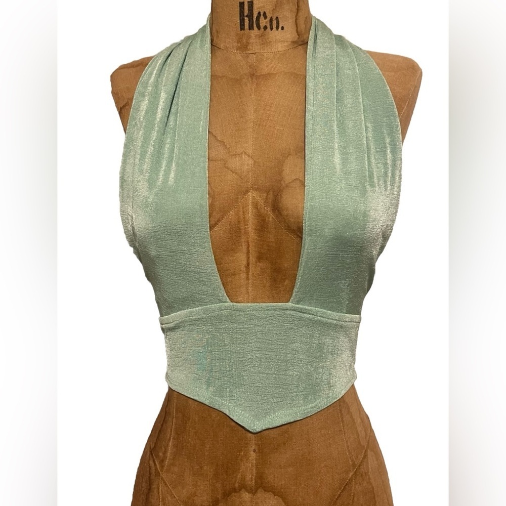 Princess Polly Mint Green Sparkly Cross Neck Crop Top EUC